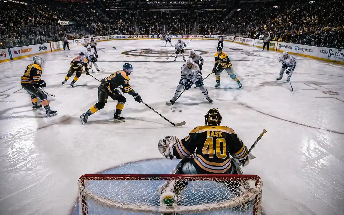 Partido de hockey NHL en arena con aficionados